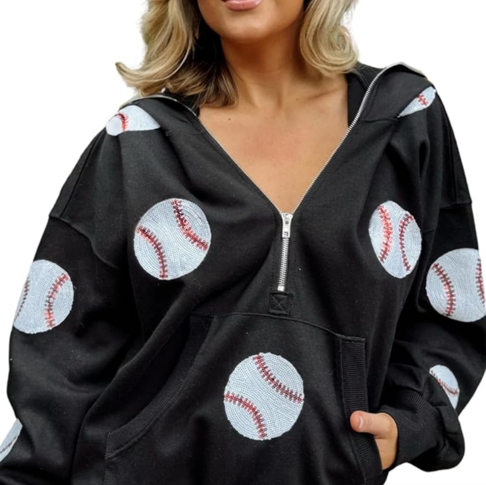 Black Oversized Baseball Print Hoodie